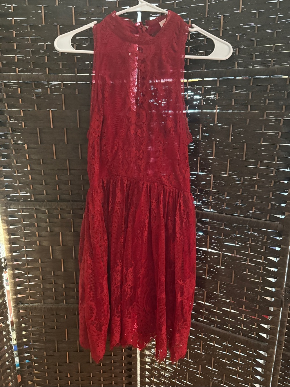 Red Lace Sleeveless Drop-Waist Midi Dress